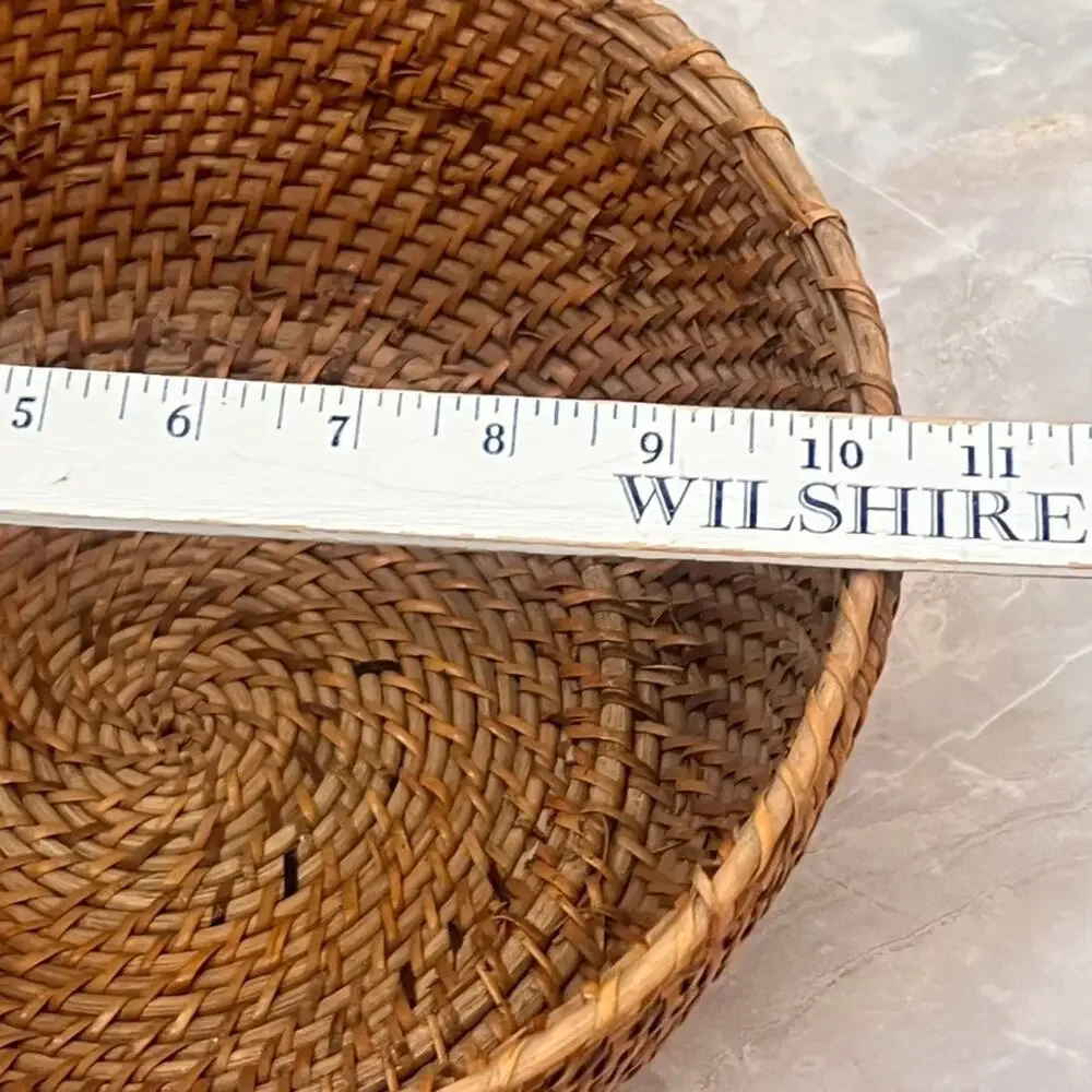 Natural Rattan Round Fruit Basket Weaved Aged Patina 10.5